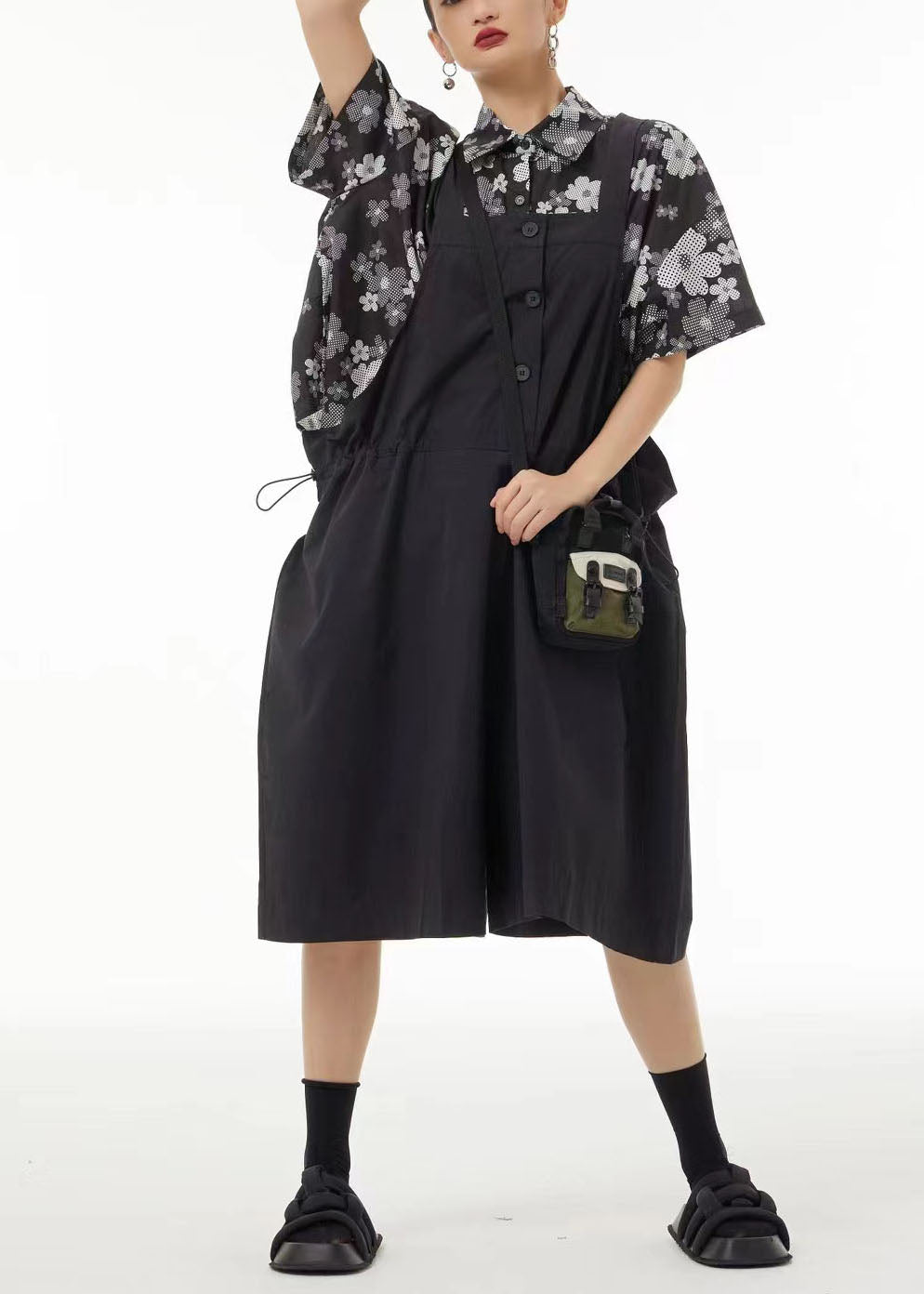 Bohemian Black Oversized Drawstring Cotton Overalls Jumpsuit Jumpsuits Summer TS1036 - fabuloryshop