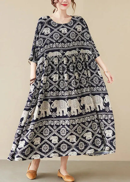 Bohemian Black Oversized Print Cotton Dresses Summer Ada Fashion