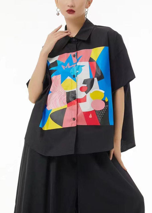 Bohemian Black Oversized Print Cotton Shirt Summer LC0128 - fabuloryshop