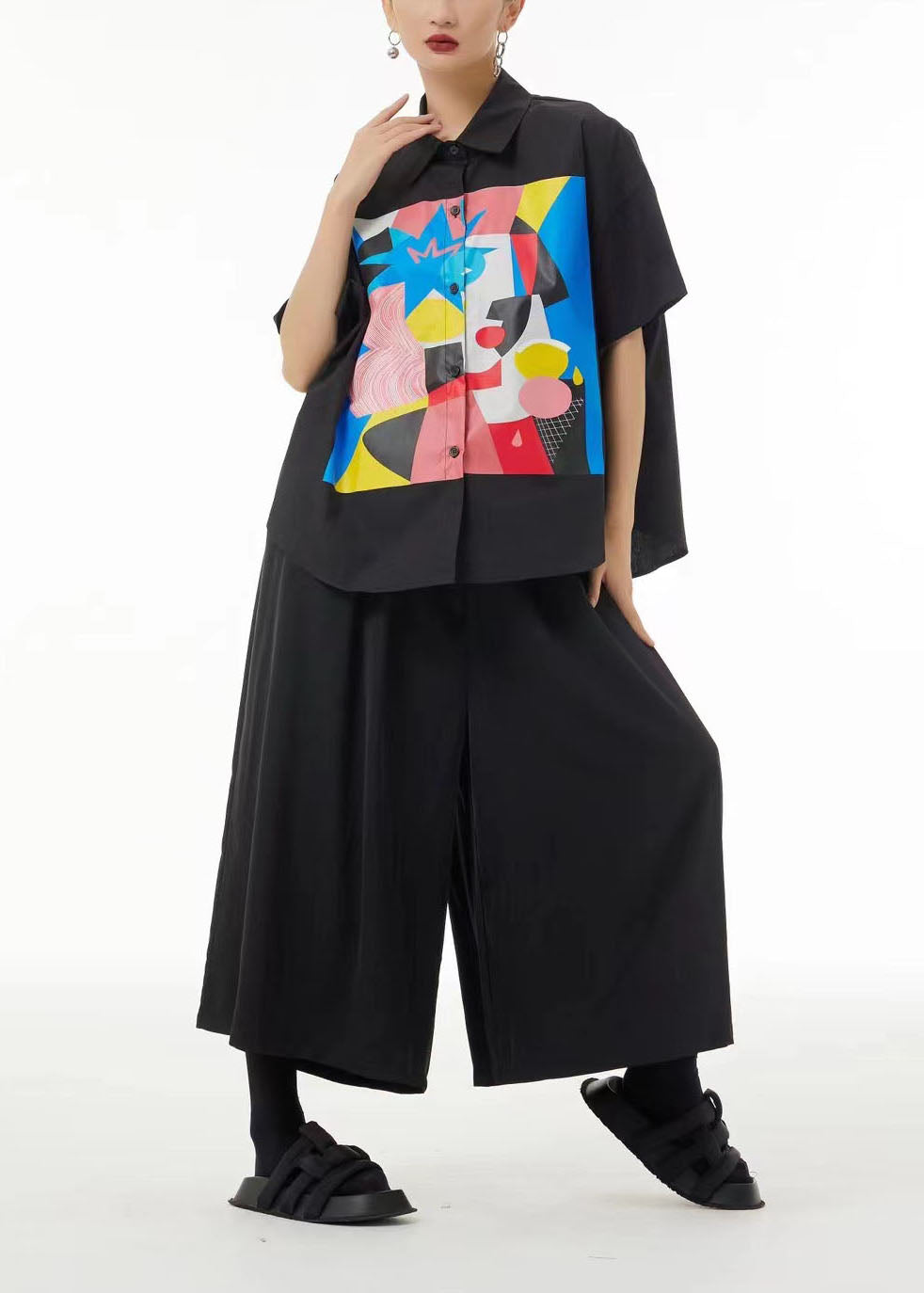 Bohemian Black Oversized Print Cotton Shirt Summer LC0128 - fabuloryshop