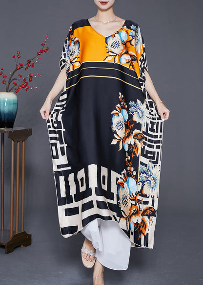 Bohemian Black Oversized Print Silk Robe Dresses Batwing Sleeve Ada Fashion