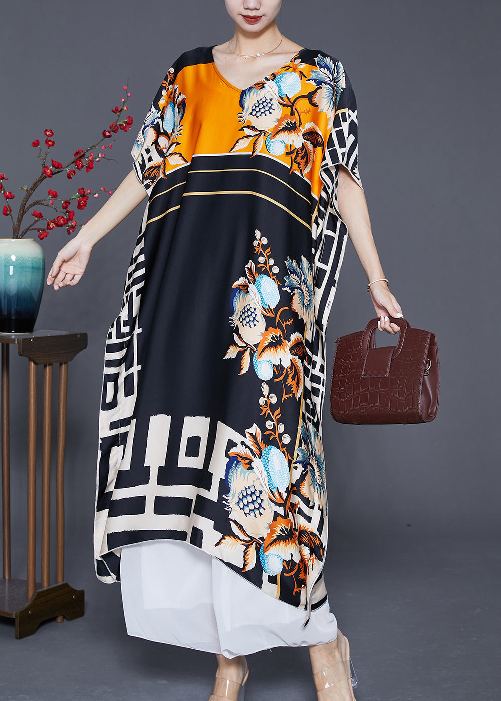 Bohemian Black Oversized Print Silk Robe Dresses Batwing Sleeve Ada Fashion