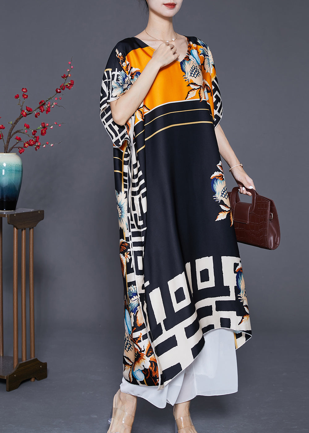 Bohemian Black Oversized Print Silk Robe Dresses Batwing Sleeve Ada Fashion