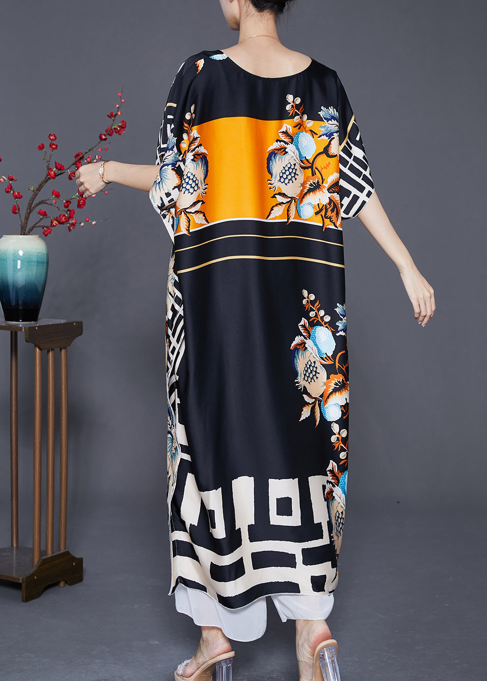 Bohemian Black Oversized Print Silk Robe Dresses Batwing Sleeve Ada Fashion