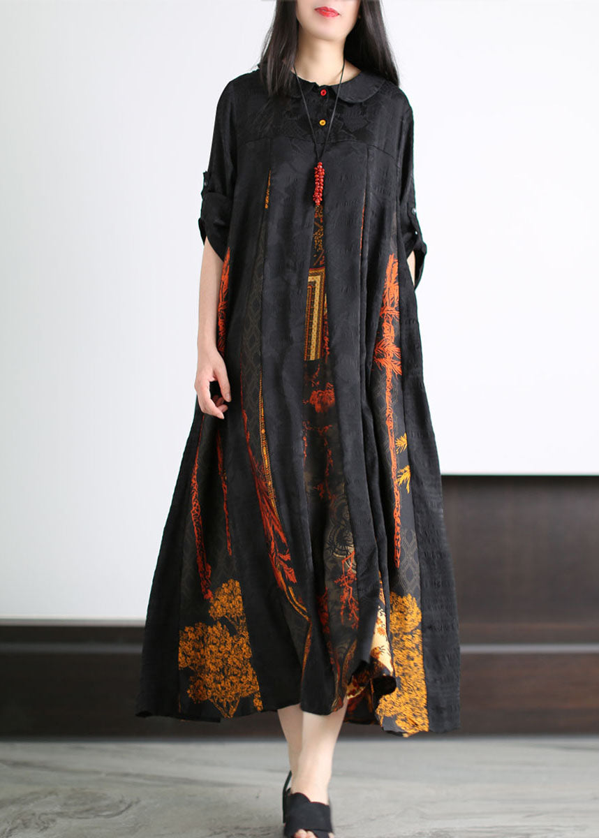 Bohemian Black Peter Pan Collar Print Patchwork Silk Long Dress Summer LY5152 - fabuloryshop