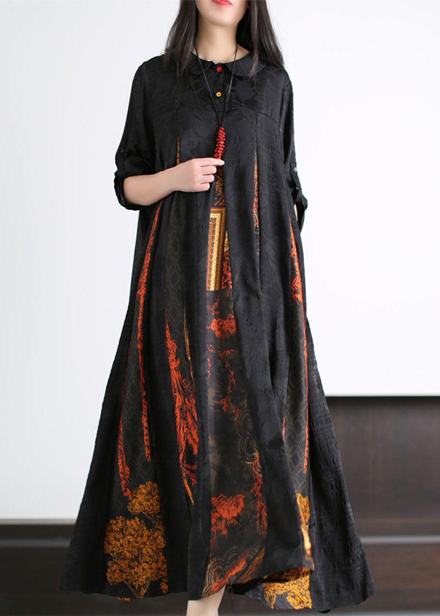 Bohemian Black Peter Pan Collar Print Patchwork Silk Long Dress Summer LY5152 - fabuloryshop