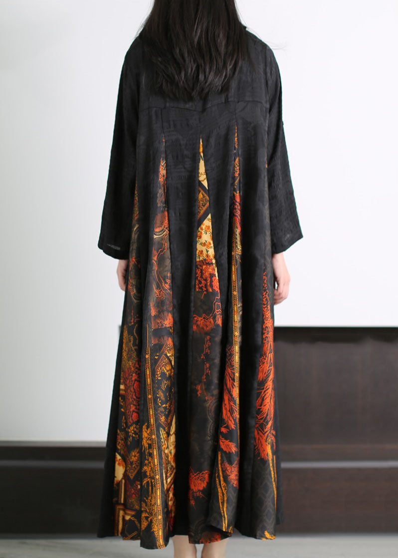 Bohemian Black Peter Pan Collar Print Patchwork Silk Long Dress Summer LY5152 - fabuloryshop