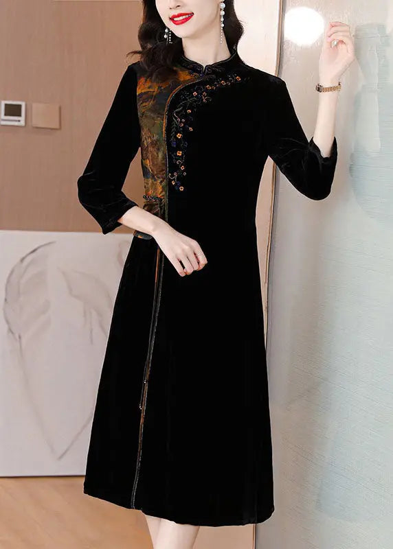 Bohemian Black Print Embroidered Tassel Silk Velour Maxi Dresses Fall Ada Fashion