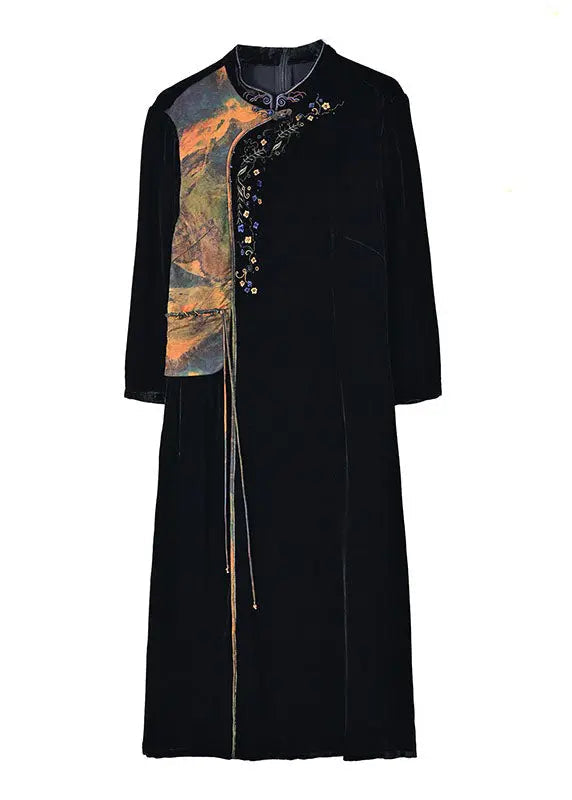 Bohemian Black Print Embroidered Tassel Silk Velour Maxi Dresses Fall Ada Fashion