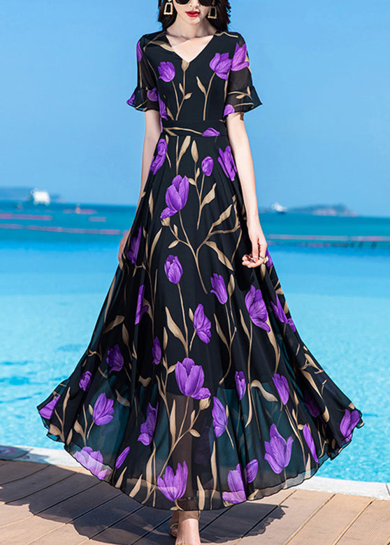 Bohemian Black Print Tunic Silk Maxi Traveling Dress Short Sleeve LY1703 - fabuloryshop