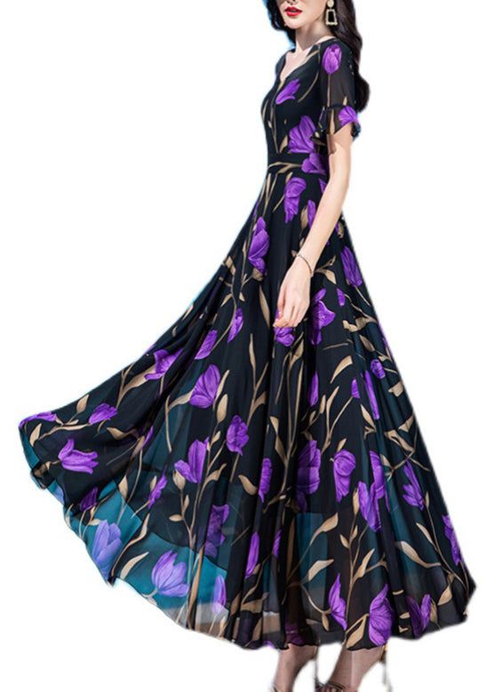 Bohemian Black Print Tunic Silk Maxi Traveling Dress Short Sleeve LY1703 - fabuloryshop
