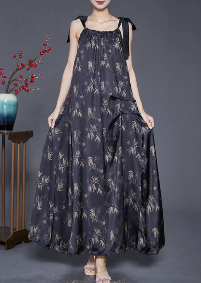 Bohemian Black Print Wrinkled Silk Strap Dresses Summer Ada Fashion