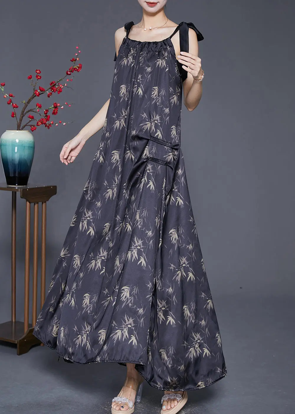 Bohemian Black Print Wrinkled Silk Strap Dresses Summer Ada Fashion