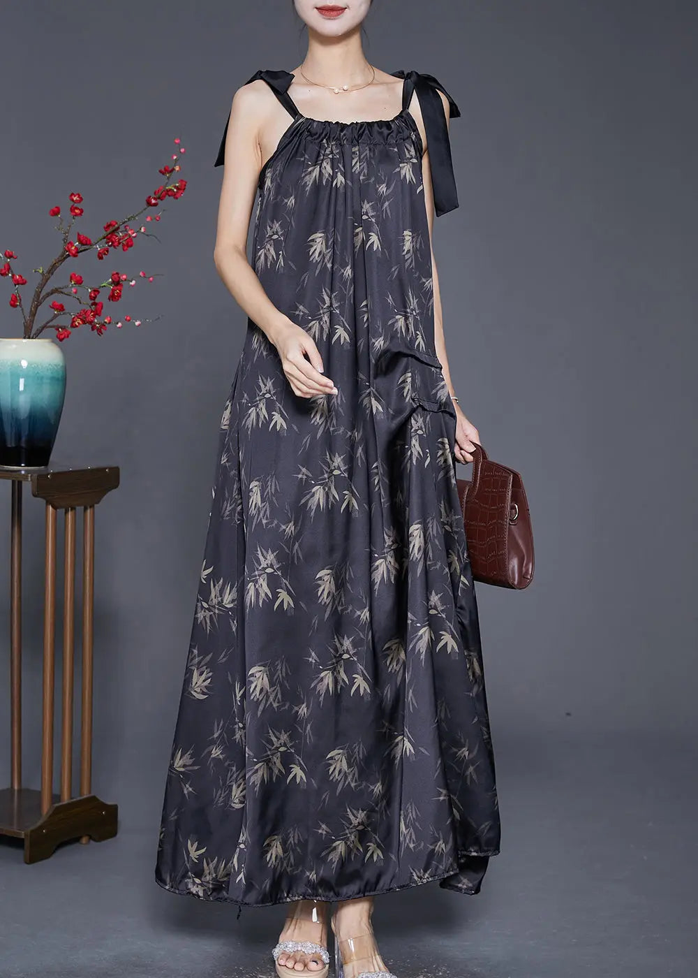 Bohemian Black Print Wrinkled Silk Strap Dresses Summer Ada Fashion