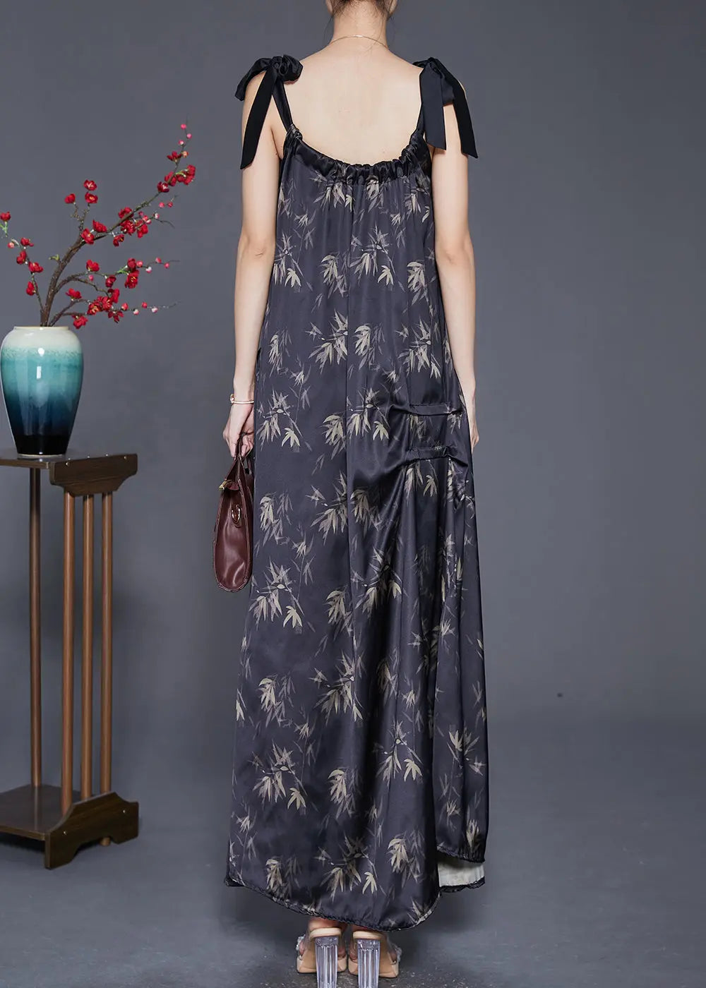 Bohemian Black Print Wrinkled Silk Strap Dresses Summer Ada Fashion