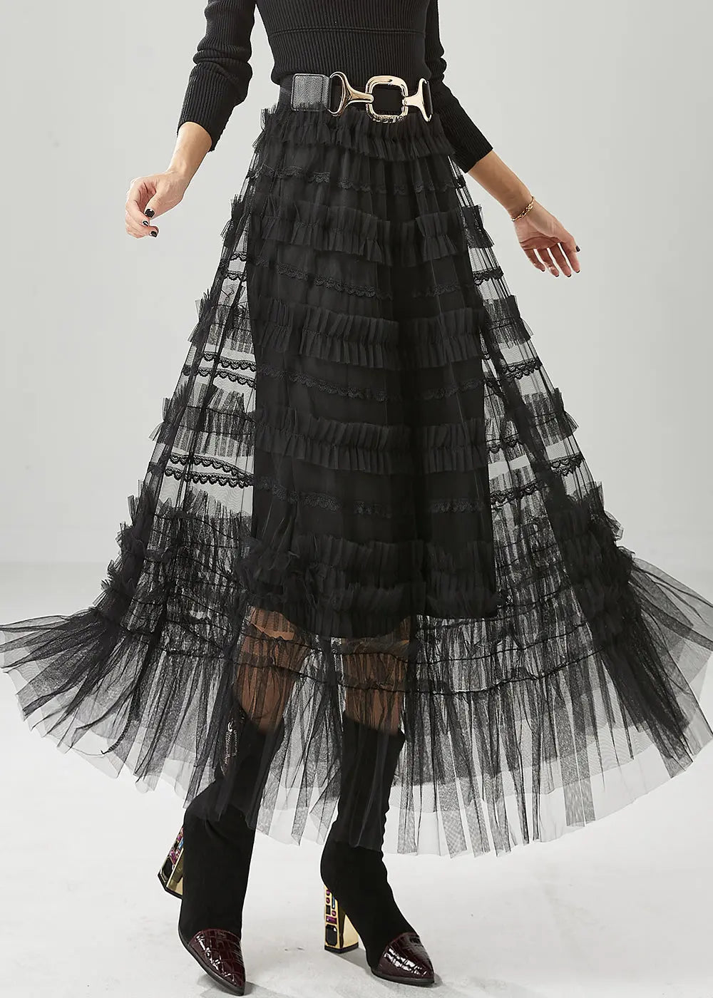 Bohemian Black Ruffled Tulle Vacation Skirts Fall Ada Fashion