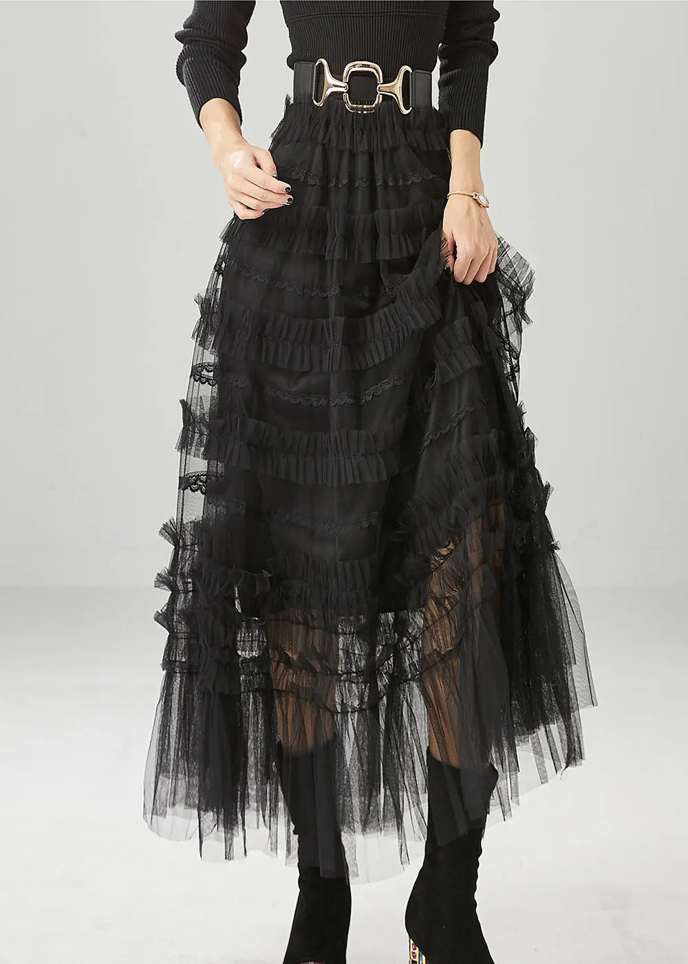 Bohemian Black Ruffled Tulle Vacation Skirts Fall Ada Fashion