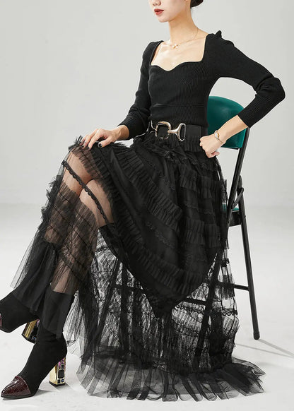 Bohemian Black Ruffled Tulle Vacation Skirts Fall Ada Fashion