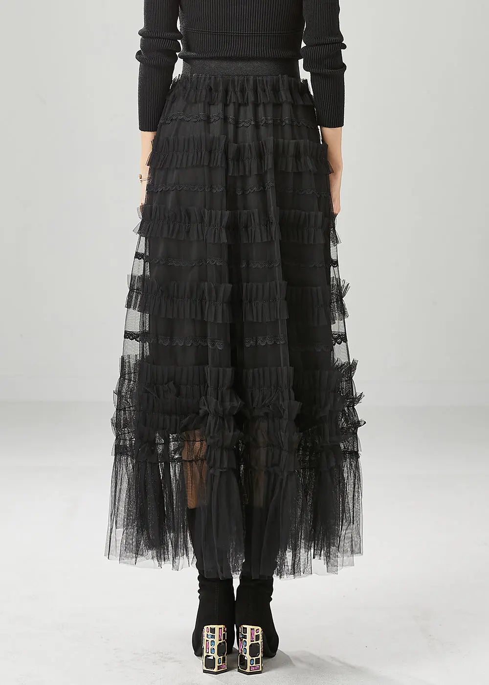 Bohemian Black Ruffled Tulle Vacation Skirts Fall Ada Fashion