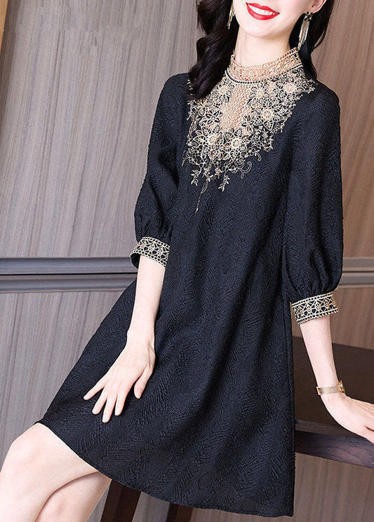 Bohemian Black Stand Collar Lace Patchwork Spandex Mid Dress Half Sleeve LC0089 - fabuloryshop