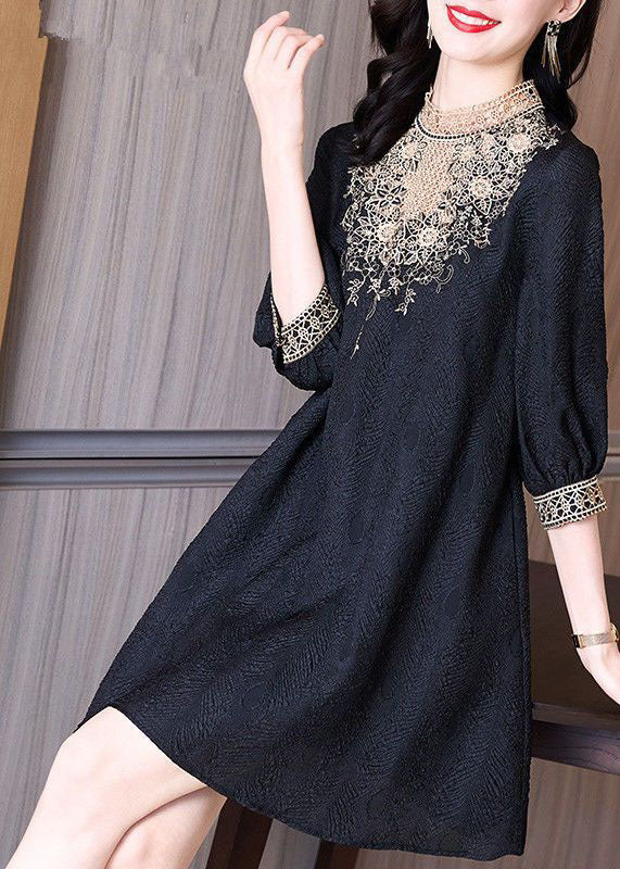 Bohemian Black Stand Collar Lace Patchwork Spandex Mid Dress Half Sleeve LC0089 - fabuloryshop
