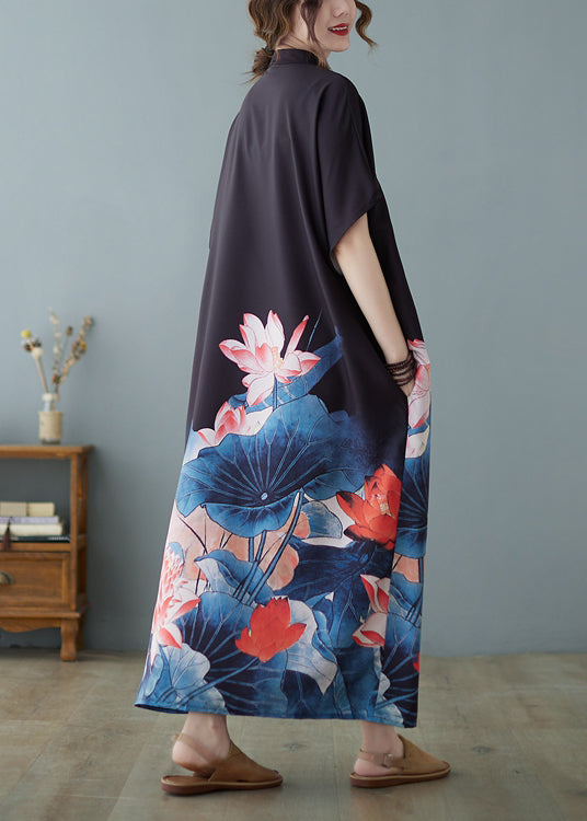 Bohemian Black Stand Collar Oversized Floral Print Chiffon Dress Summer LY2393