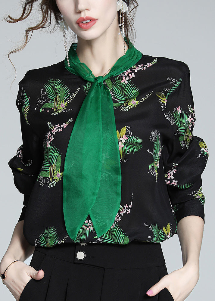 Bohemian Black Stand Collar Print Silk Shirt Spring LY0729