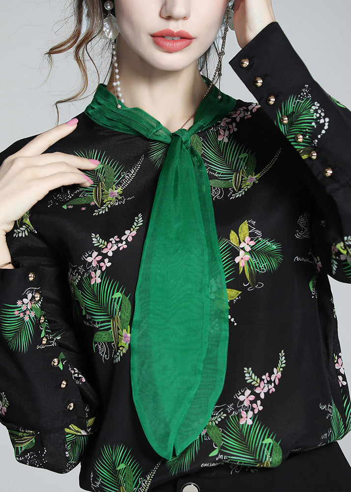 Bohemian Black Stand Collar Print Silk Shirt Spring LY0729 - fabuloryshop