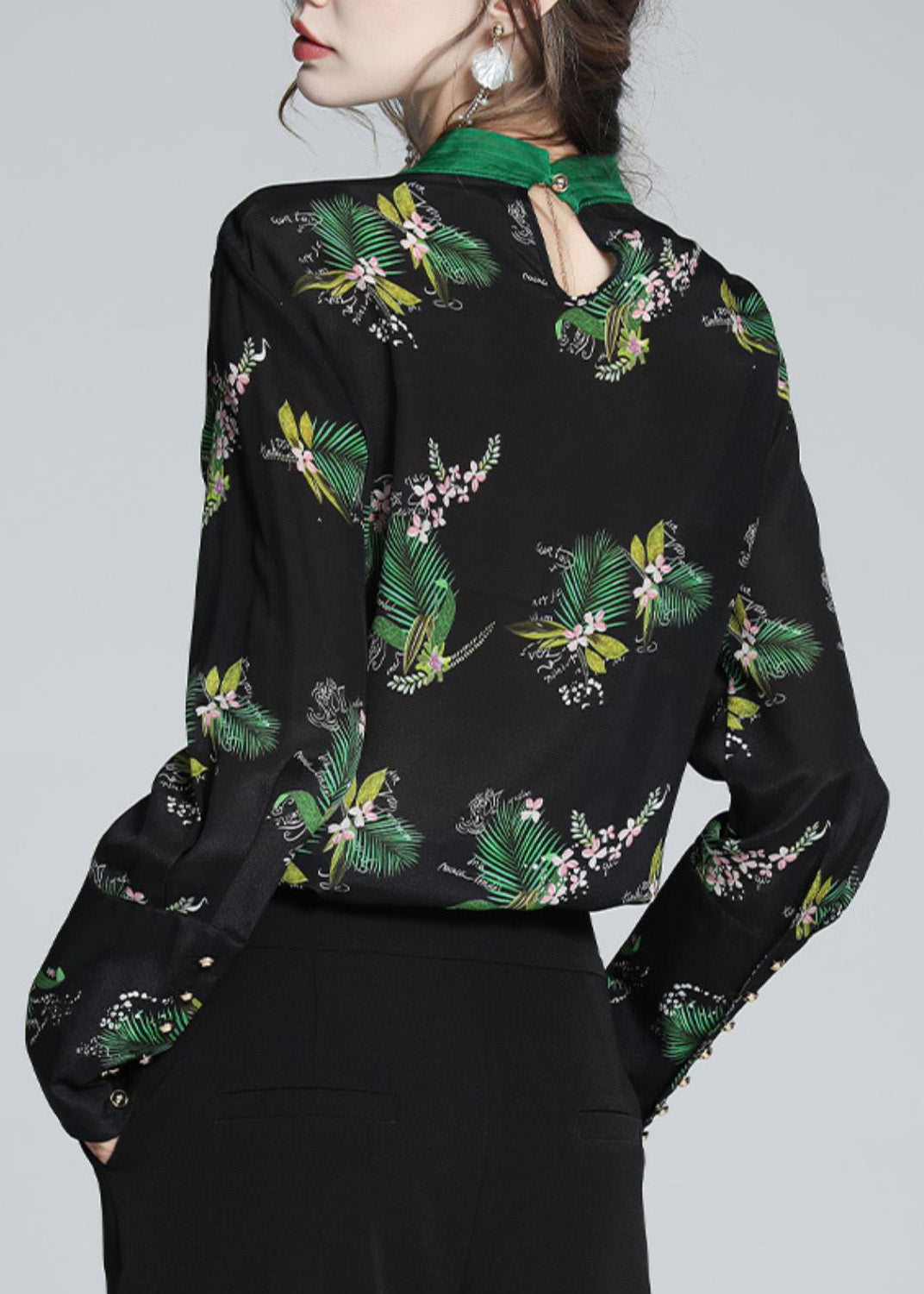 Bohemian Black Stand Collar Print Silk Shirt AC3035 - fabuloryshop