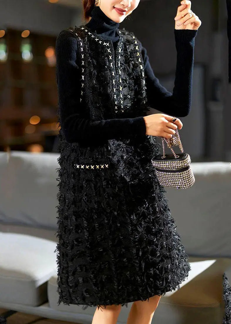 Bohemian Black V Neck Patchwork Tassel Mid Dress Fall Ada Fashion