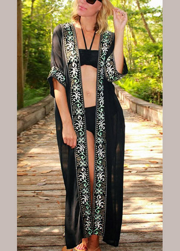 Bohemian Black V Neck Print Chiffon Long Beach Cardigans Summer LY3011 - fabuloryshop