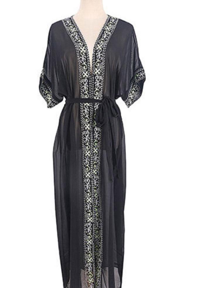 Bohemian Black V Neck Print Chiffon Long Beach Cardigans Summer LY3011 - fabuloryshop