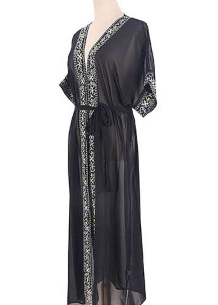 Bohemian Black V Neck Print Chiffon Long Beach Cardigans Summer LY3011 - fabuloryshop