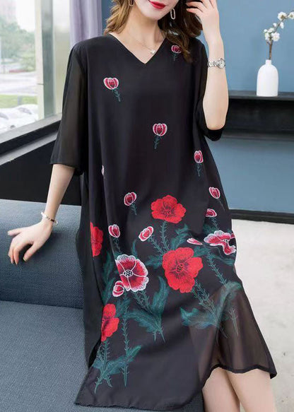 Bohemian Black V Neck Rose Patchwork Chiffon Dress Summer LY6497 - fabuloryshop