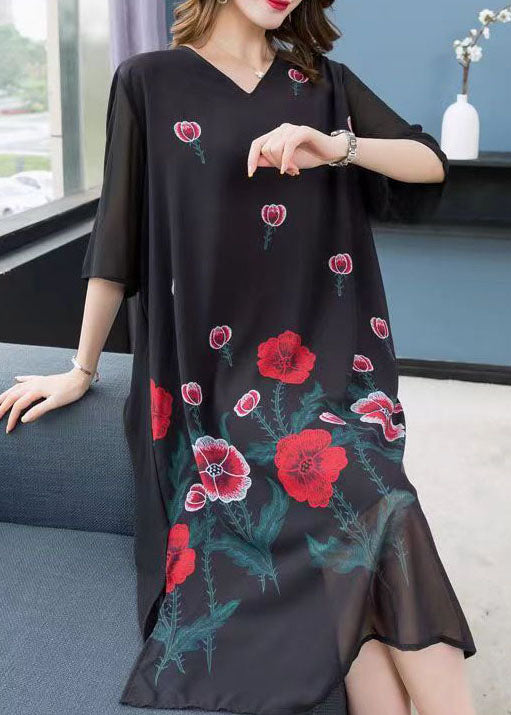 Bohemian Black V Neck Rose Patchwork Chiffon Dress Summer LY6497 - fabuloryshop