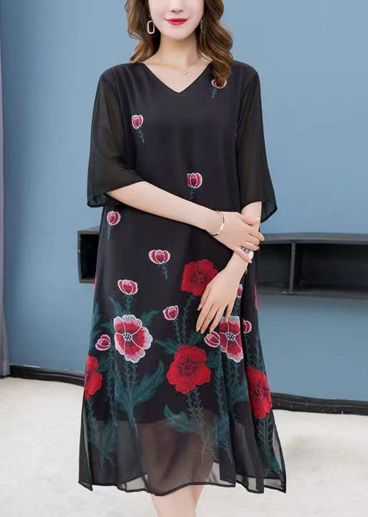 Bohemian Black V Neck Rose Patchwork Chiffon Dress Summer LY6497 - fabuloryshop