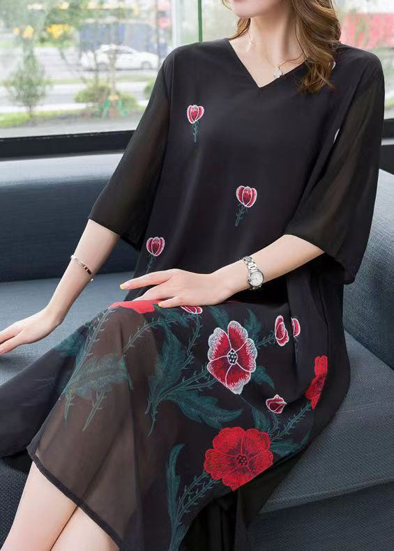 Bohemian Black V Neck Rose Patchwork Chiffon Dress Summer LY6497 - fabuloryshop