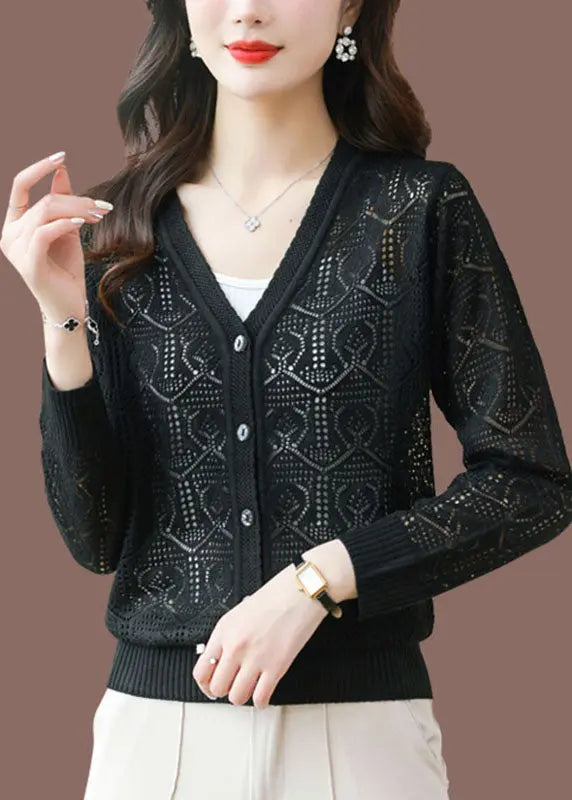 Bohemian Black V Neck Solid Ice Size Knit Cardigans Summer Ada Fashion