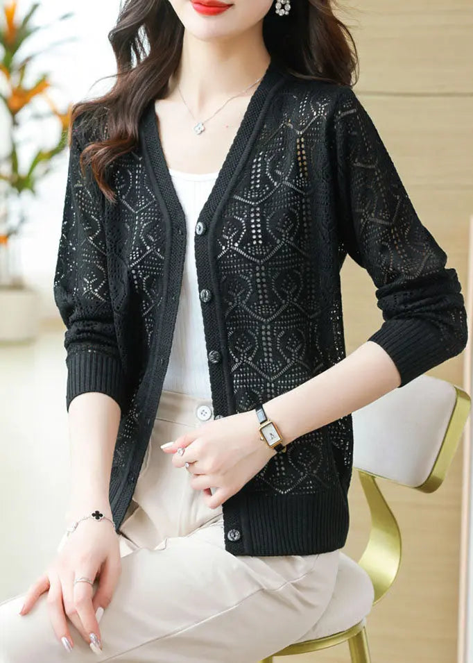 Bohemian Black V Neck Solid Ice Size Knit Cardigans Summer Ada Fashion