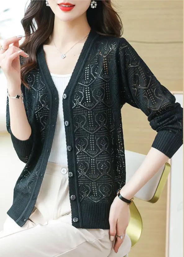 Bohemian Black V Neck Solid Ice Size Knit Cardigans Summer Ada Fashion