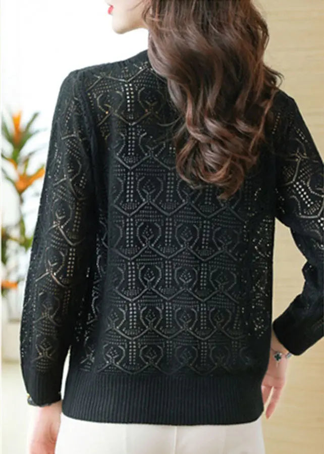 Bohemian Black V Neck Solid Ice Size Knit Cardigans Summer Ada Fashion