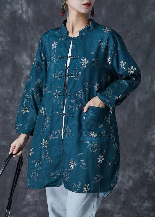 Bohemian Blackish Green Print Chinese Button Cotton Shirt Fall Ada Fashion