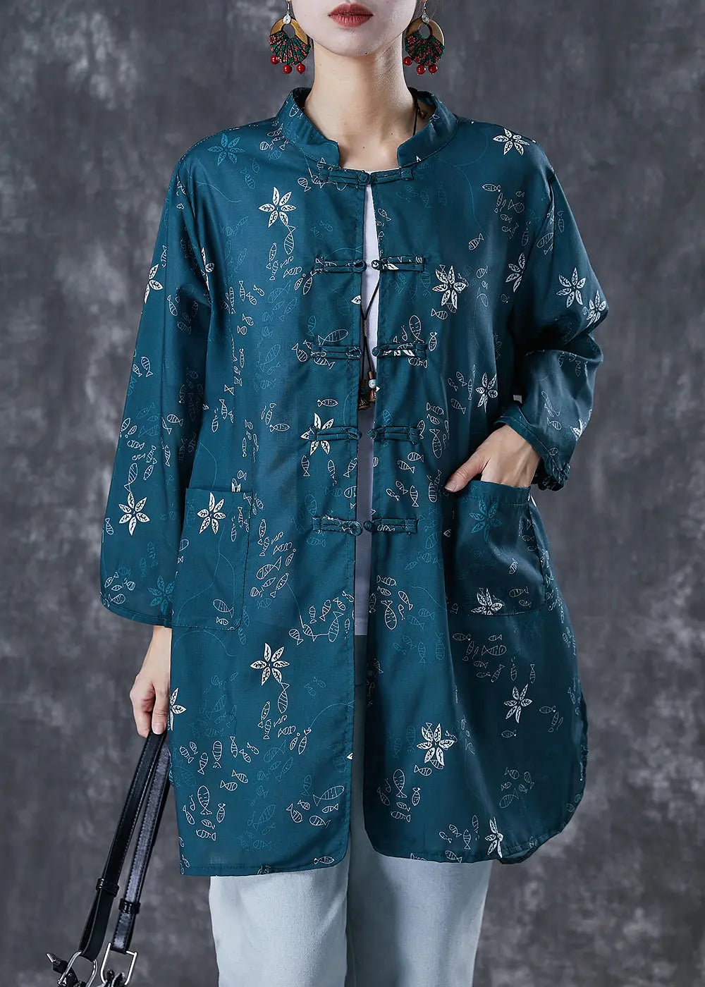 Bohemian Blackish Green Print Chinese Button Cotton Shirt Fall Ada Fashion