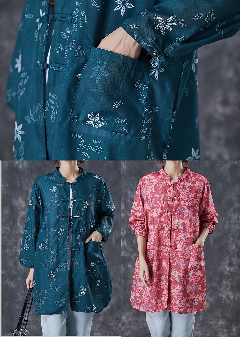 Bohemian Blackish Green Print Chinese Button Cotton Shirt Fall Ada Fashion