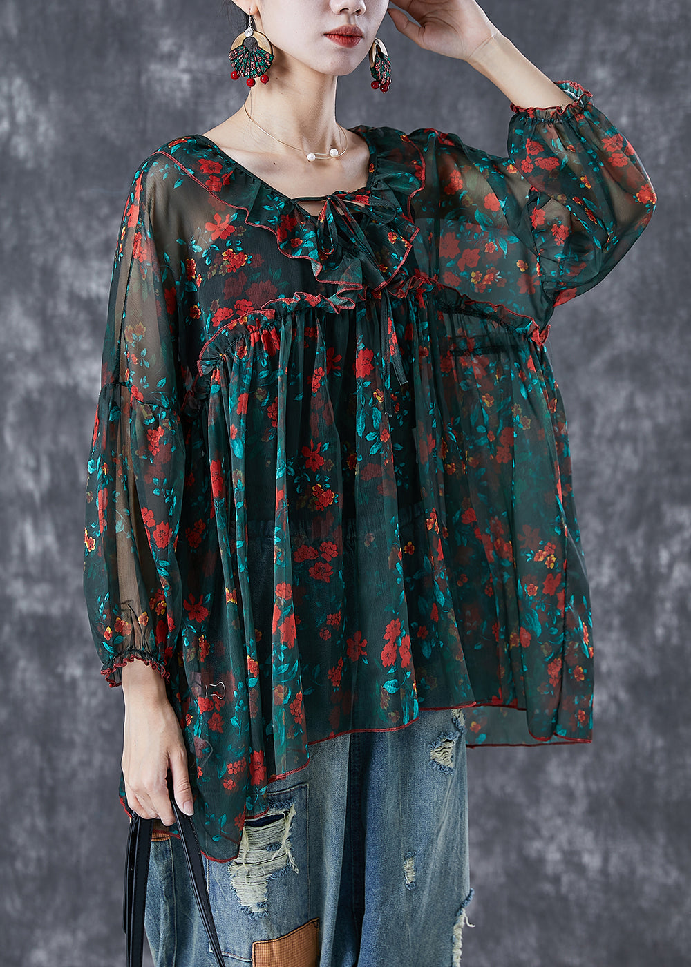 Bohemian Blackish Green Ruffled Print Chiffon Blouses Summer LY6726 - fabuloryshop