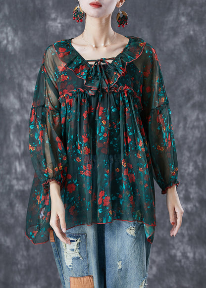 Bohemian Blackish Green Ruffled Print Chiffon Blouses Summer LY6726 - fabuloryshop