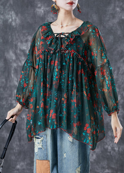 Bohemian Blackish Green Ruffled Print Chiffon Blouses Summer LY6726 - fabuloryshop