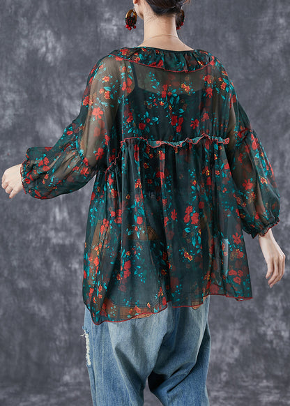 Bohemian Blackish Green Ruffled Print Chiffon Blouses Summer LY6726 - fabuloryshop