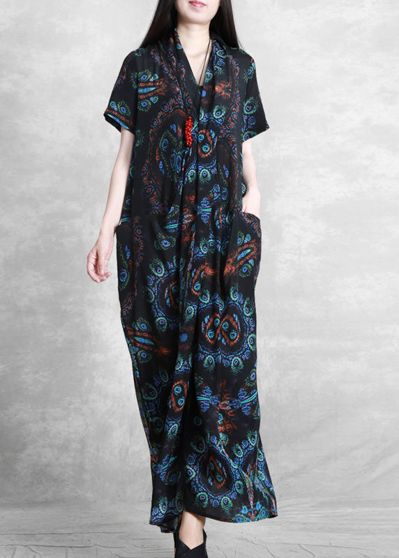 Bohemian Blue Black V Neck Print Wrinkled Silk Ankle Dress Summer LY5134 - fabuloryshop