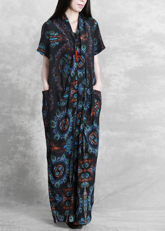 Bohemian Blue Black V Neck Print Wrinkled Silk Ankle Dress Summer LY5134 - fabuloryshop